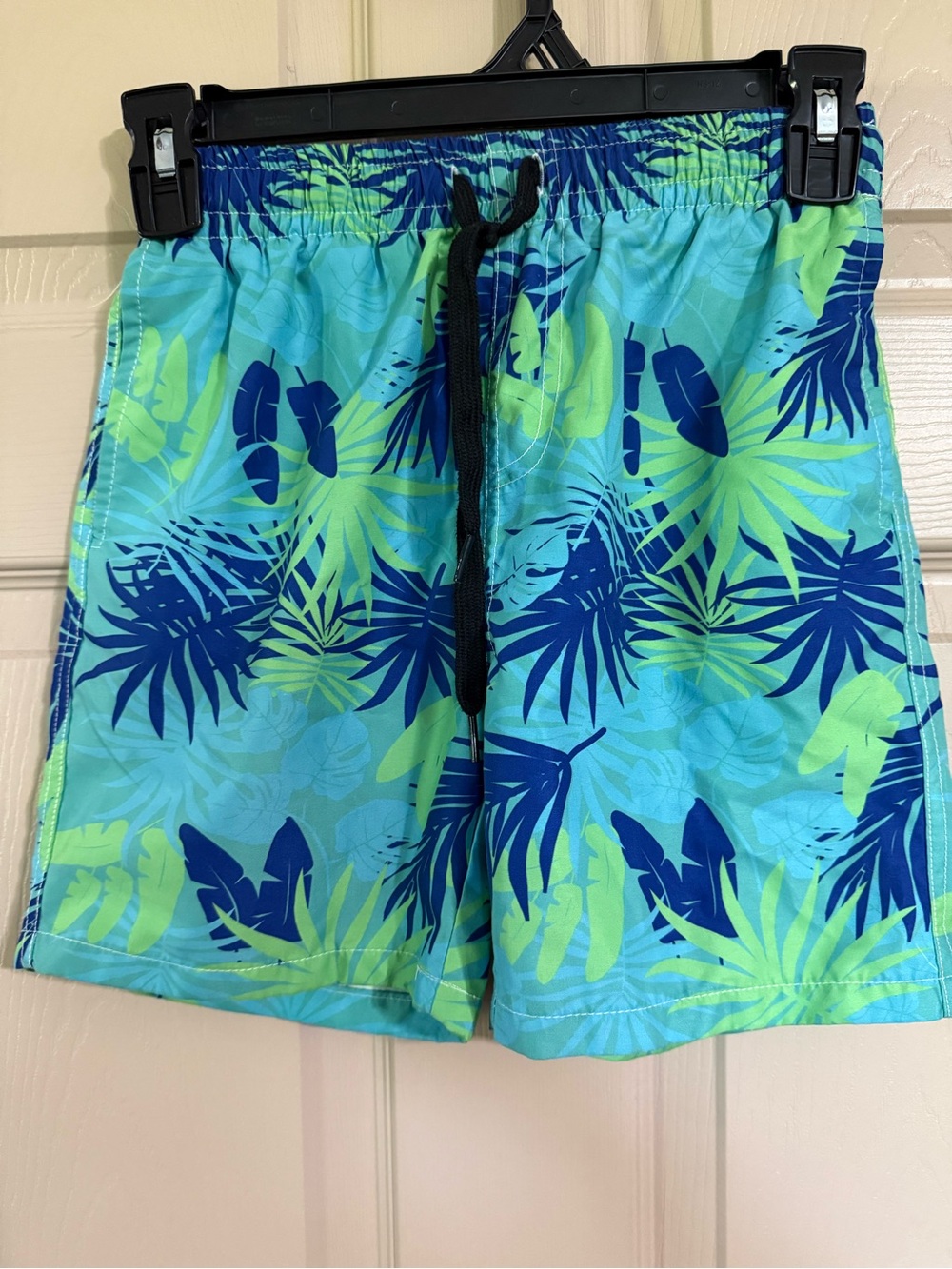 Tropical Leaf Print Swim Shorts in Aqua & Navy